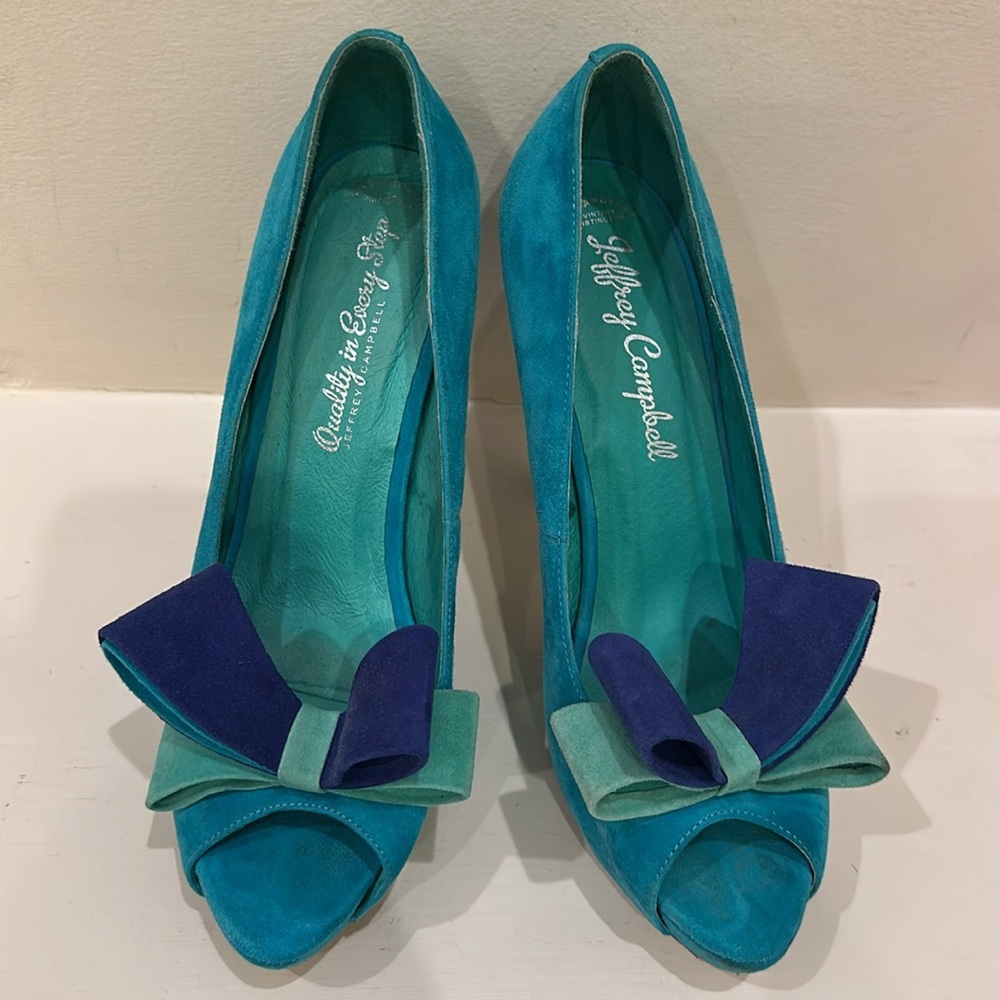 NWT Jeffrey Campbell Garret Aqua Combo Blue Suede Heels Statement Bow Size 8.5